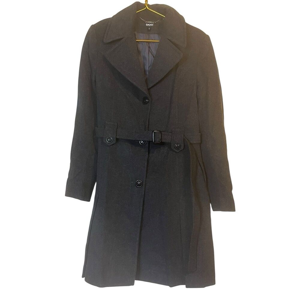 Wool Cashmere Coat Women Size 12 Belted Long Minimalist DKNY Work Quiet Luxury ⭐